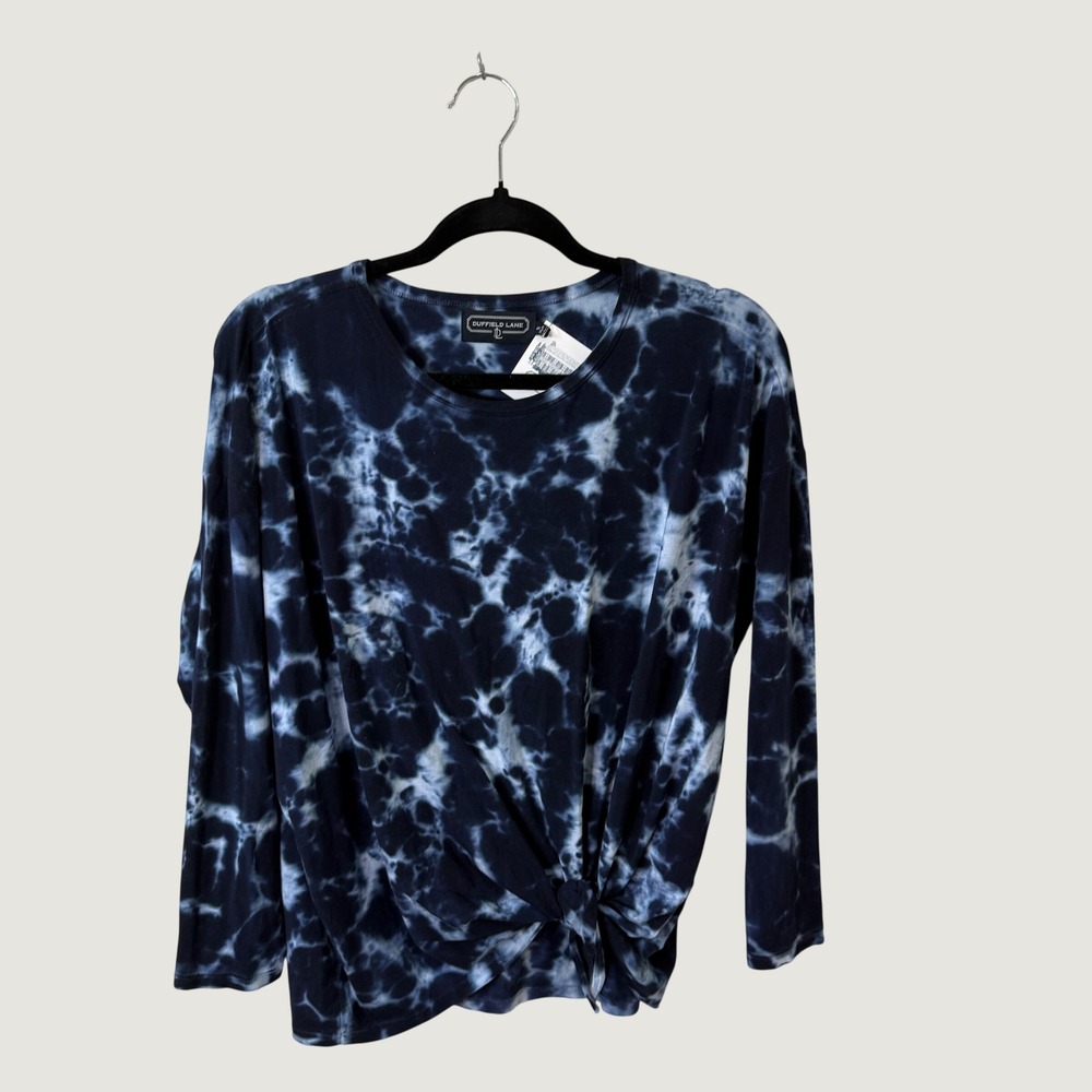 Duffield Lane Tie Dye Front Knot Top Navy Blue White Sz S Coastal Fall Layering